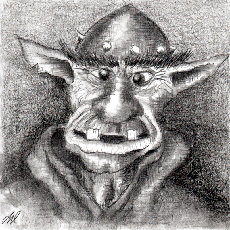 A monochromatic sketch depicts a creature with exaggerated facial features. The creature has large, pointed ears, a helmet adorned with three circular studs, and thick, dark eyebrows. It has a large, rounded nose and an open mouth showing several teeth. The background consists of textured shading, and the artist’s signature “AW” is visible in the bottom left corner.

Provided by @altbot, generated privately and locally using Qwen3-Vl:30b